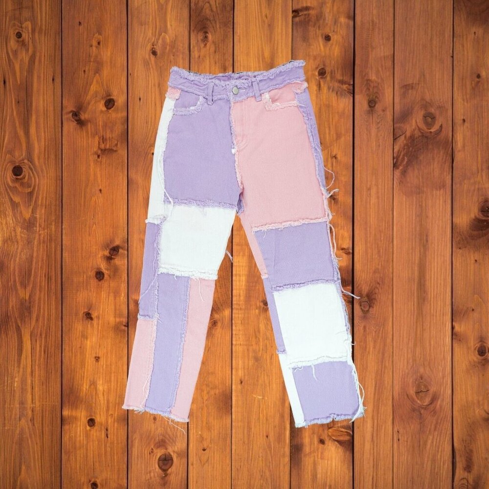 Women's High Rise Straight Leg Patchwork Raw Edge Frayed Jeans Size M‎
